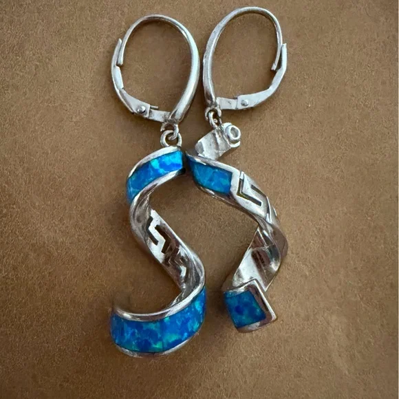 Sterling Silver and Blue Opal Spiral Earrings - Picture 3 of 5
